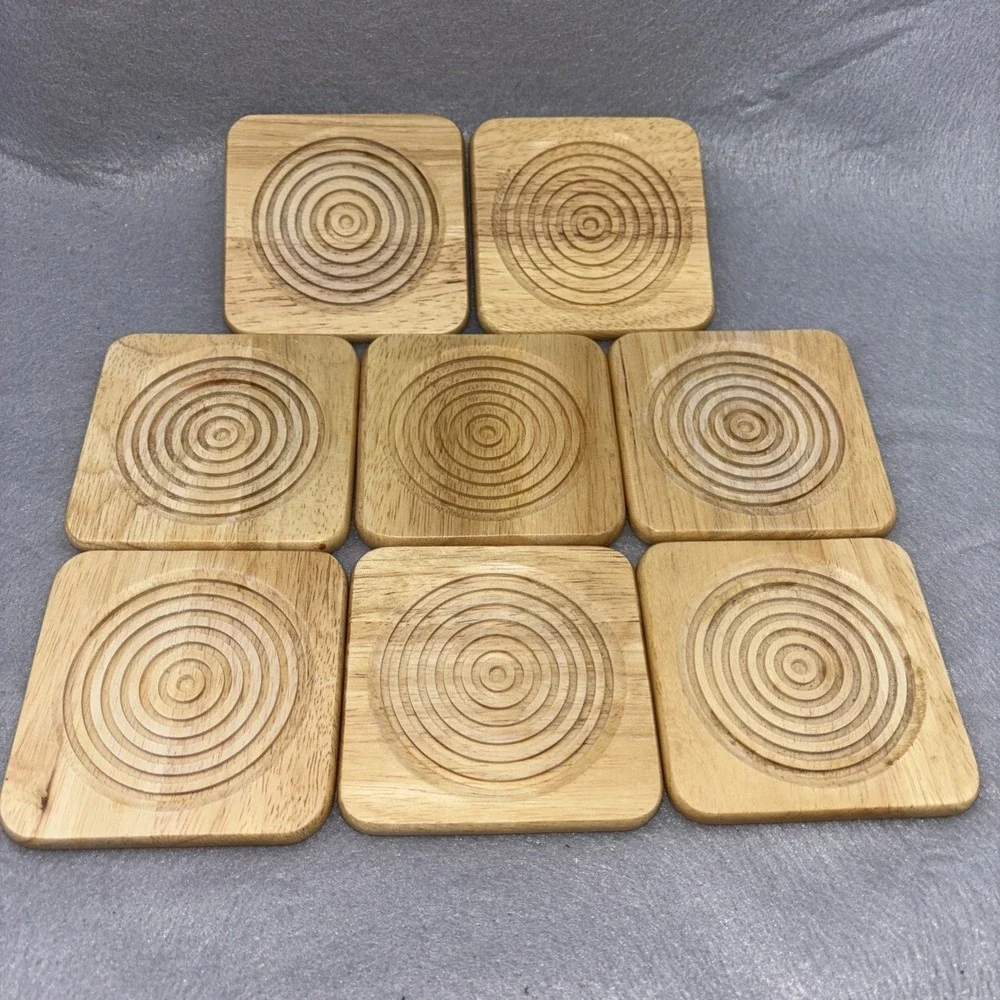 Vintage Light Blonde Oak Drink Coaster Set W/Stand 8pc Cut Circles 80s Thailand